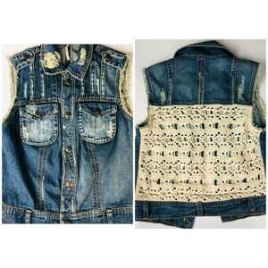 Free People Womens Denim Vest Blue Crochet Epaulettes Flap Pockets Distressed XS